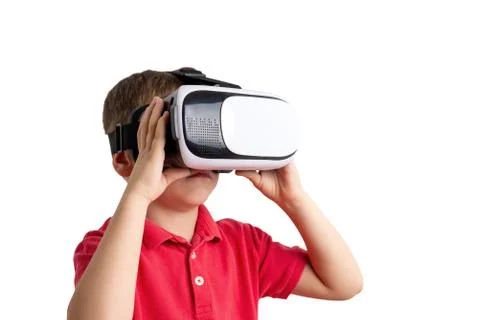 Isolated boy with virtual reality headset. Fotos Stock