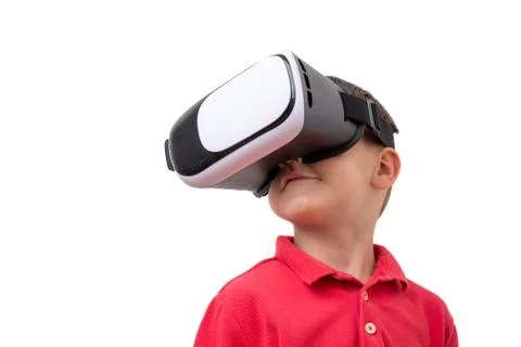 Isolated boy with virtual reality headset. Clean VR glasses with text space.  Stock Photos