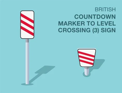 Isolated British "countdown marker to level crossing, three lines" road sign. Stock Illustration