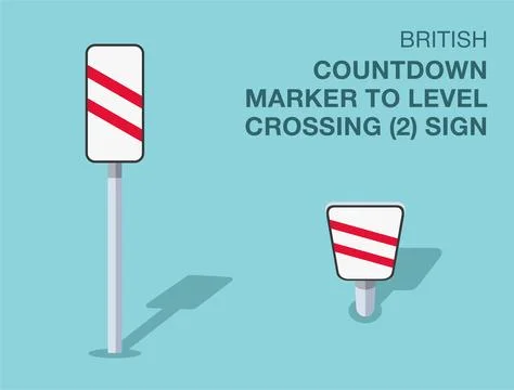 Isolated British "countdown marker to level crossing, two lines" road sign. Stock Illustration