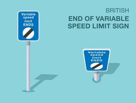 Isolated British "end of variable speed limit" road sign. Front and top view. Stock Illustration