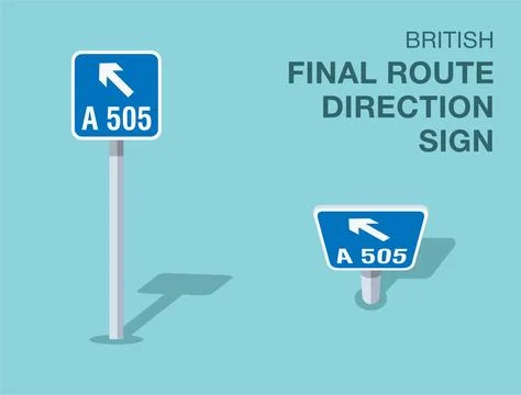 Isolated British "final route direction" road sign. Front and top view. Stock Illustration