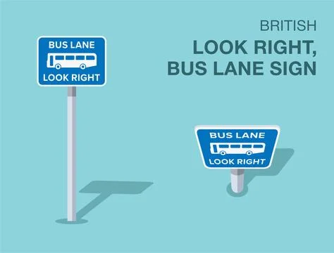 Isolated British "Look right, bus lane" road sign. Front and top view. Stock Illustration