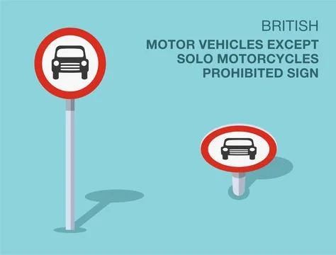 Isolated British "motor vehicles except solo motorcycles prohibited" road sign. Stock Illustration