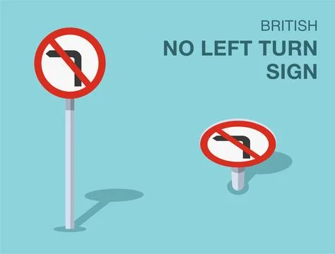 Isolated British "no left turn" road sign. Front and top view. Stock Illustration