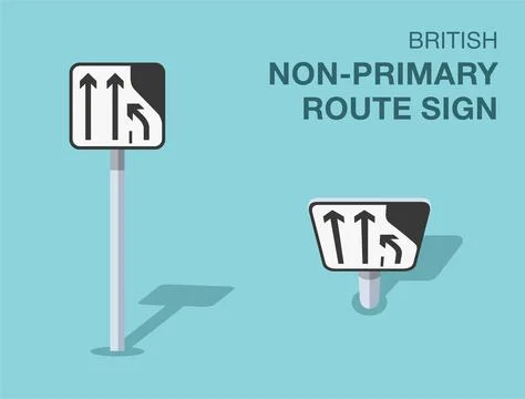 Isolated British "non-primary route" road sign. Front and top view. Stock Illustration