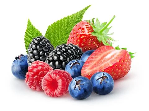 Isolated bunch of berries. Blackberry, raspberry, blueberry, strawberry fruits Stock Photos