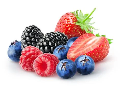 Isolated bunch of berries. Blackberry, raspberry, blueberry, strawberry fruits Stock Photos