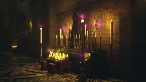 Isolated burial crypt covered in moss and flickering luminous firelight Video stock 341565718
