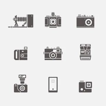 Isolated camera icons in grey shape vector set Stock Illustration
