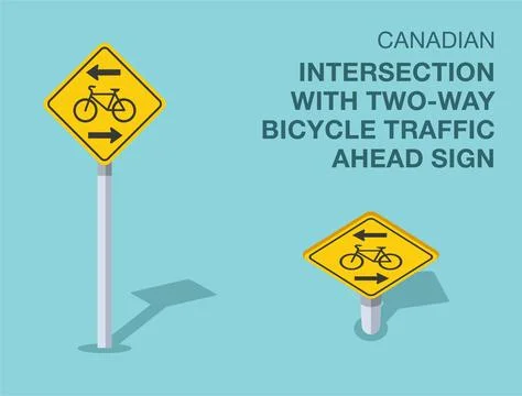 Isolated canadian "intersection with two-way bicycle traffic ahead" road sign. Stock Illustration