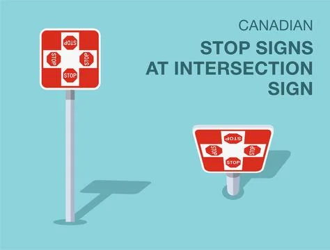 Isolated canadian "stop signs at intersection" road sign. Front and top view. Stock Illustration