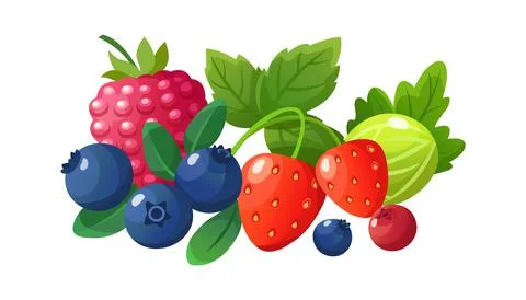 Isolated cartoon berries. Red raspberry, fresh gooseberry blueberry strawberry Stock Illustration