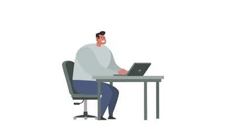 Isolated Cartoon Flat Fat Man Character Work From Laptop Workplace Loop Stock-Footage 143375268