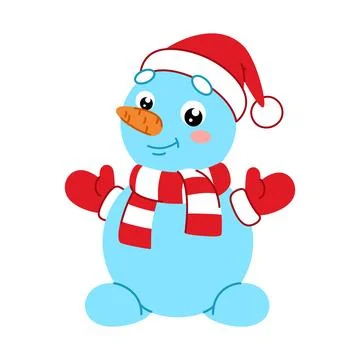 Isolated cartoon flat snowman in red hat of Santa Stock Illustration