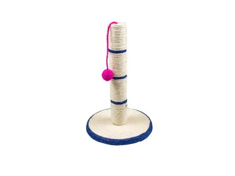 Isolated cat scratching post with ball toy on a white background. Stock Photos