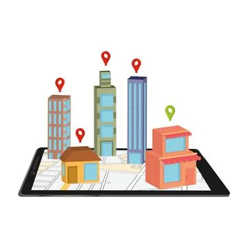 Isolated cellphone with an application map and 3d buildings Vector Ilustración de archivo
