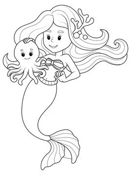 Isolated character, mermaid with octopus. Vector illustration, page coloring Stock Illustration