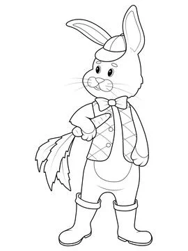 Isolated character, pet rabbit in clothes with a carrot in its paw. Children Stock Illustration