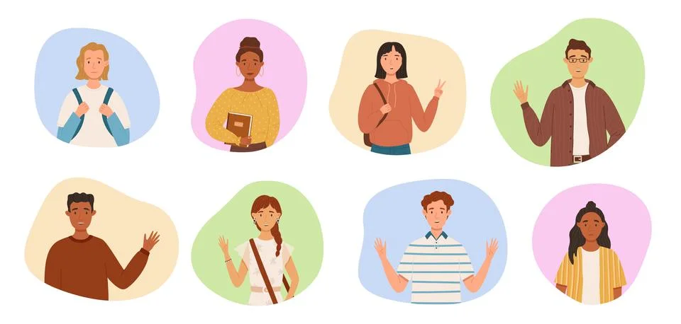 Isolated characters of different students on the background of bright colored Stock Illustration