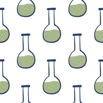Isolated chemistry seamless doodle pattern with flask ornament. Green liquid  Stock Illustration