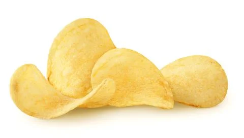 Isolated chips. Group of potato chips isolated on white background with clipping Stock Photos