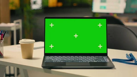 Isolated chroma key display laptop in executive office interior with empty desk Stock Footage 329324135