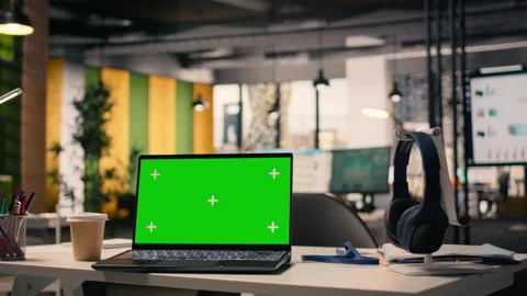 Isolated chroma key display laptop in executive office interior with empty desk Stock Footage 329324471