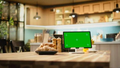 Isolated chroma key, empty wooden kitchen, breakfast table and furniture Stock Photos
