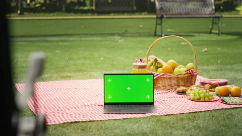Isolated chroma key on laptop screen in empty public park with picnic setup Stock Footage 341403513