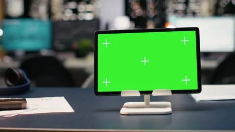Isolated chroma key screen tablet with empty office space with glass walls Stock Footage 334044352