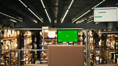 Isolated chroma key tablet on cardboard boxes in fulfillment center Stock Photos