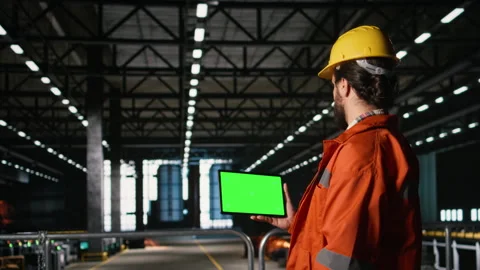 Isolated chroma key on tablet display held by worker in large-scale facility Stock Footage 330378571