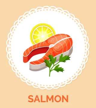 Isolated in circle with decorative elements around, fresh salmon with piece of Illustrazione stock