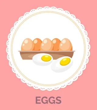 Isolated in circle with decorative elements around, fresh chicken eggs in tray Stock Illustration