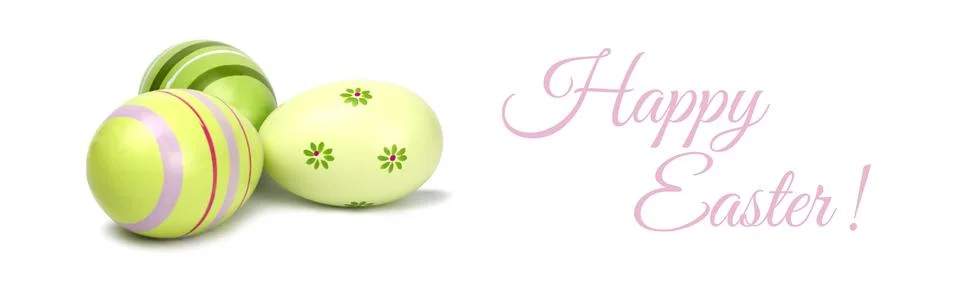 Isolated close-up of three Easter eggs on a white background with wish Happy  스톡 사진