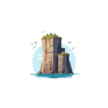 Isolated coastal stack illustration with seabirds perched atop grass offeri.. Stockillustratie