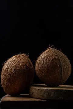 Isolated coconut on a black background. Two whole coconuts on a dark background. Stock Photos