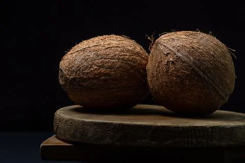 Isolated coconut on a black background. Two whole coconuts on a dark background. Stock Photos
