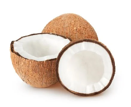 Isolated coconuts. Whole and half of coconut isolated on white background, with Stock Photos