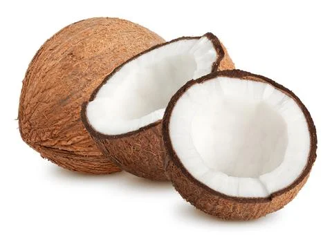 Isolated coconuts. Whole coconut with half isolated on white, with clipping path Stock Photos
