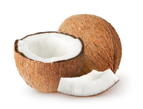 Isolated coconuts. Whole, half and piece isolated on white background, with Stock Photos