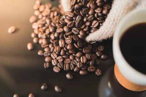 Isolated coffee beans reflected on surface for luxury sensation. Foto stock