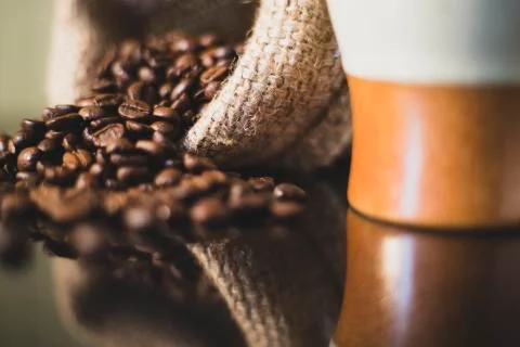 Isolated coffee beans reflected on surface for luxury sensation. Stock Photos