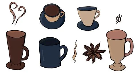 Isolated coffee set, collection of coffee mugs and star anise Stock Illustration