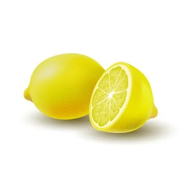 Isolated colored group of lemons, half and whole juicy fruit with shadow on w Stock Illustration
