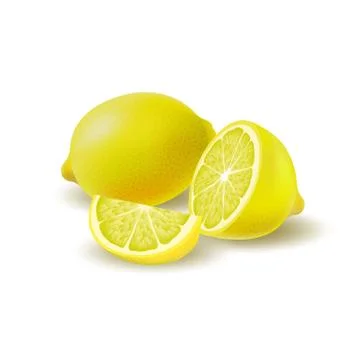 Isolated colored group of lemons, half, slice and whole juicy fruit with shad Stock Illustration