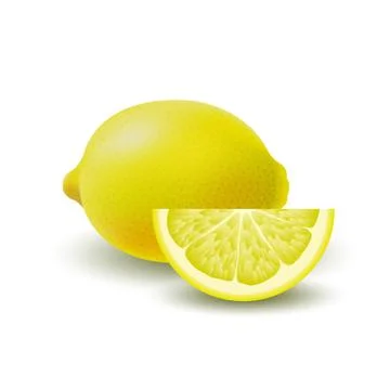 Isolated colored group of lemons, slice and whole juicy fruit with shadow on  Stock Illustration