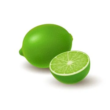 Isolated colored group of lime, half and whole juicy fruit with shadow on whi Stock Illustration