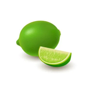 Isolated colored group of lime, slice and whole juicy fruit with shadow on wh Stock Illustration